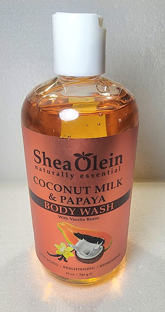 SheaOlein Naturally Essential COCONUT MILK & PAPAYA Body Wash with Vanilla Bean 12oz